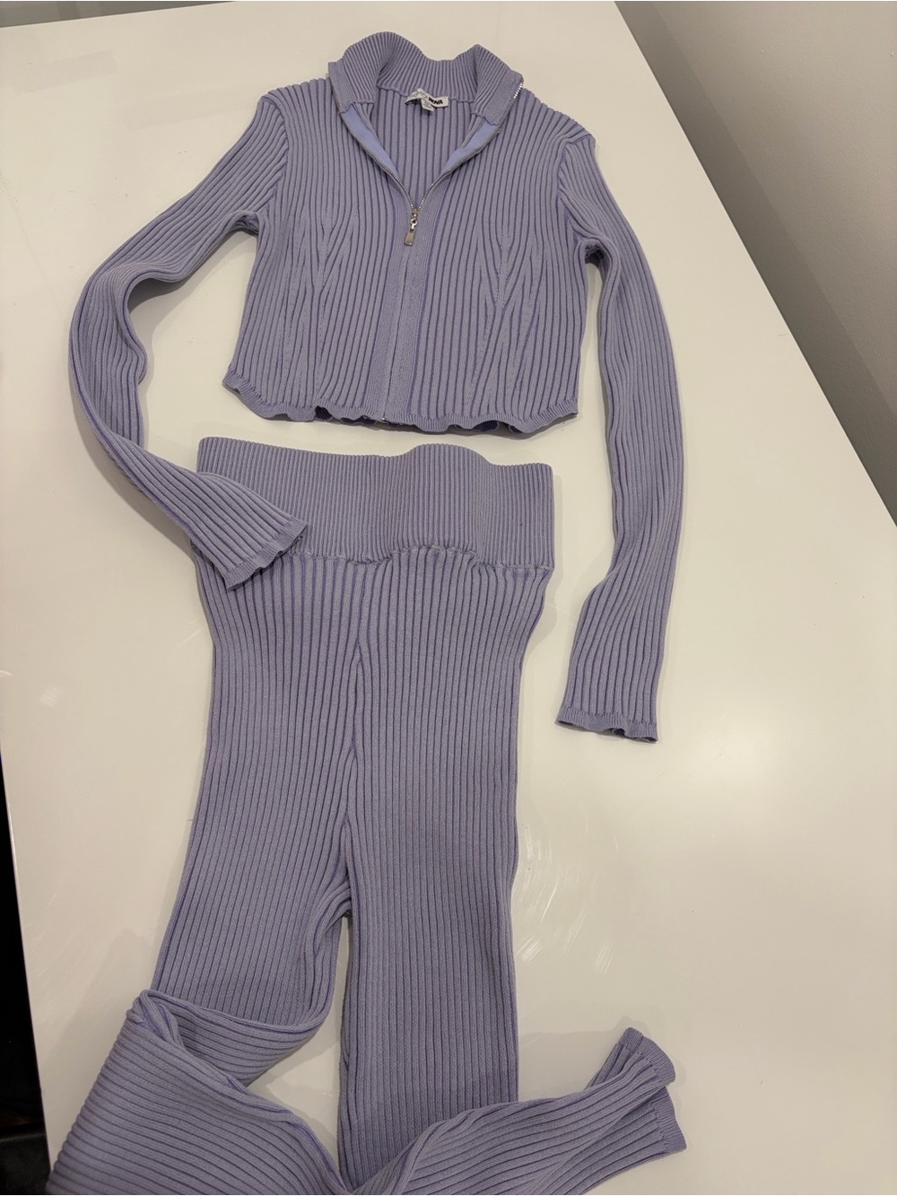Fashion Nova Ribbed Lavender Two-Piece Zip Crop Top & High-Waist Pants Set